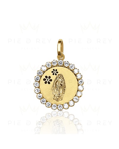 Satin Our Virgin of Guadalupe Medal Pendant with Cubic Zirconia in Gold